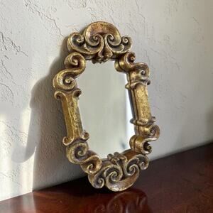 Vintage Ornate scrolled Gold Framed Mirror 12.5x7.5 Wall Or Prop Cottagecore